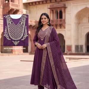 Purple Gold Embroidered Anarkali Kurti Set