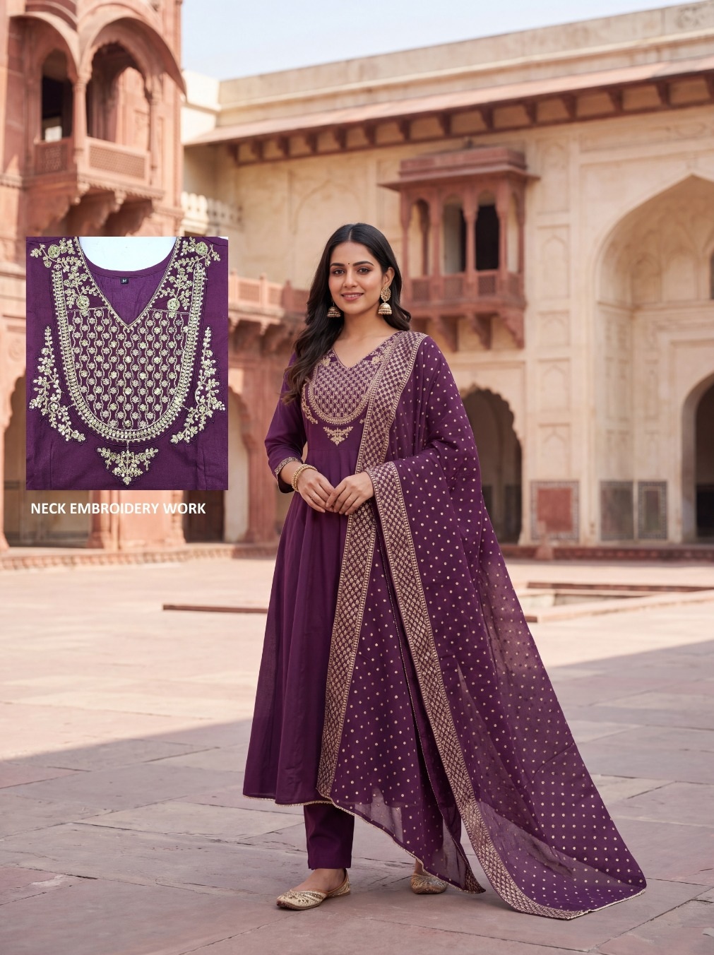 Purple Gold Embroidered Anarkali Kurti Set