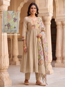 Beige Embroidered Anarkali Kurti Set