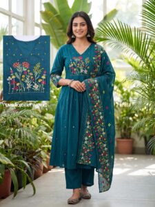 Teal Blue Embroidered A-Line Kurti Set