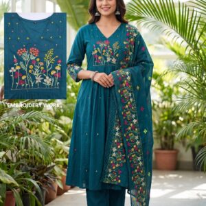 Teal Blue Embroidered A-Line Kurti Set